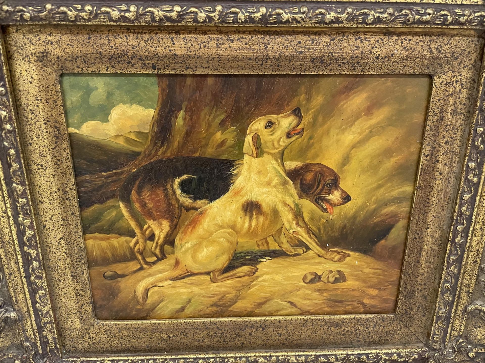 A VICTORIAN GILT FRAMED OIL ON METAL OF TWO HUNTING DOGS, FRAMED BY BIGGS & SONS - Image 2 of 6