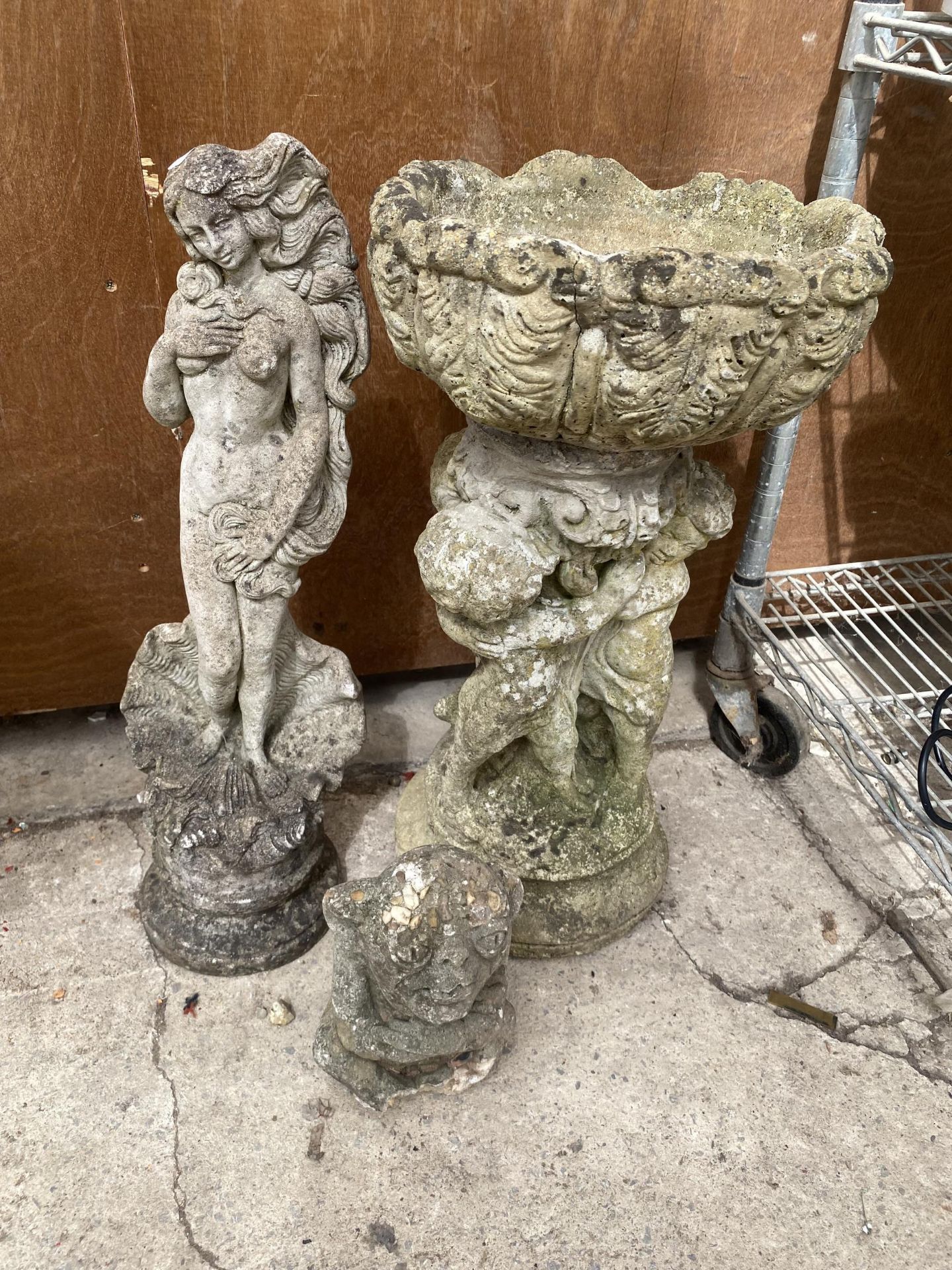 THREE RECONSTITUTED STONE GARDEN FIGURES TO INCLUDE A FEMALE AND A BIRDBATH ETC