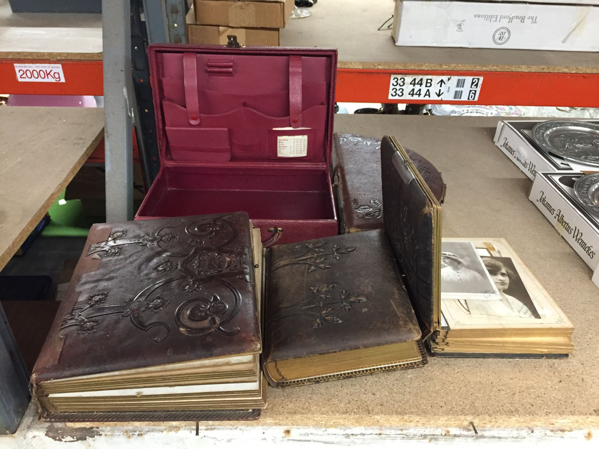 A COLLECTION OF VINTAGE LEATHER BOUND PHOTO ALBUMS OF MARITIME INTEREST AND FURTHER BOX