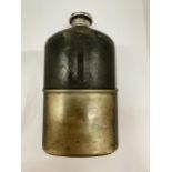 A VICTORIAN HIP FLASK WITH HALLMARKED SILVER TOP, LEATHER TOP HALF AND SILVER PLATED DETACHABLE CUP
