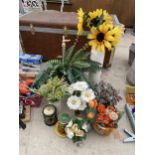 AN ASSORTMENT OF ARTIFICIAL FLOWERS, VASES AND CANDLES ETC