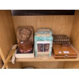 AN ASSORTMENT OF ITEMS TO INCLUDE TREEN BOXES, BOX ENDS AND FANS ETC