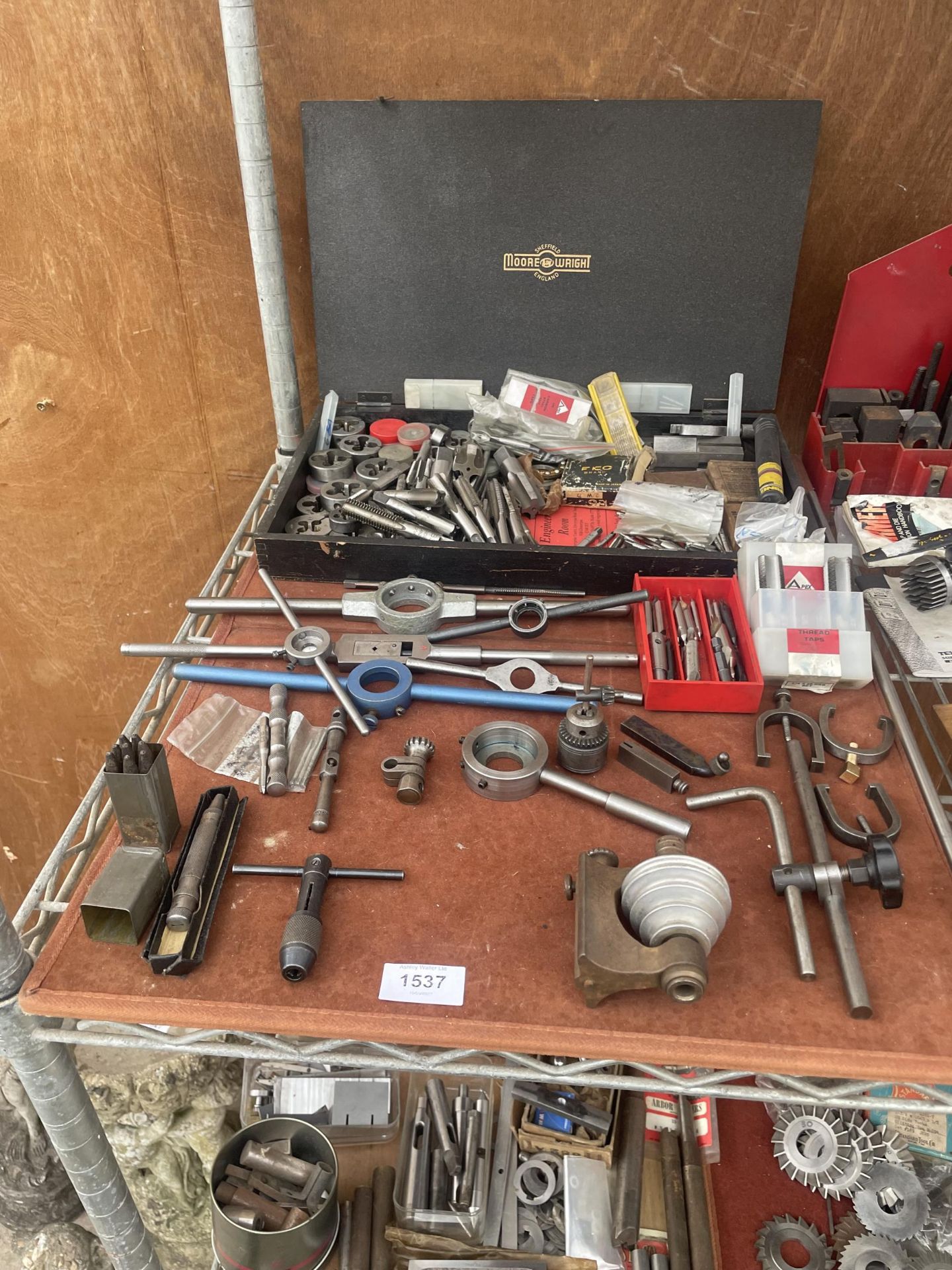 AN ASSORTMENT OF ENGINEERS TOOLS TO INCLUDE TPA AND DIES, PULLEYS AND PUNCHES ETC