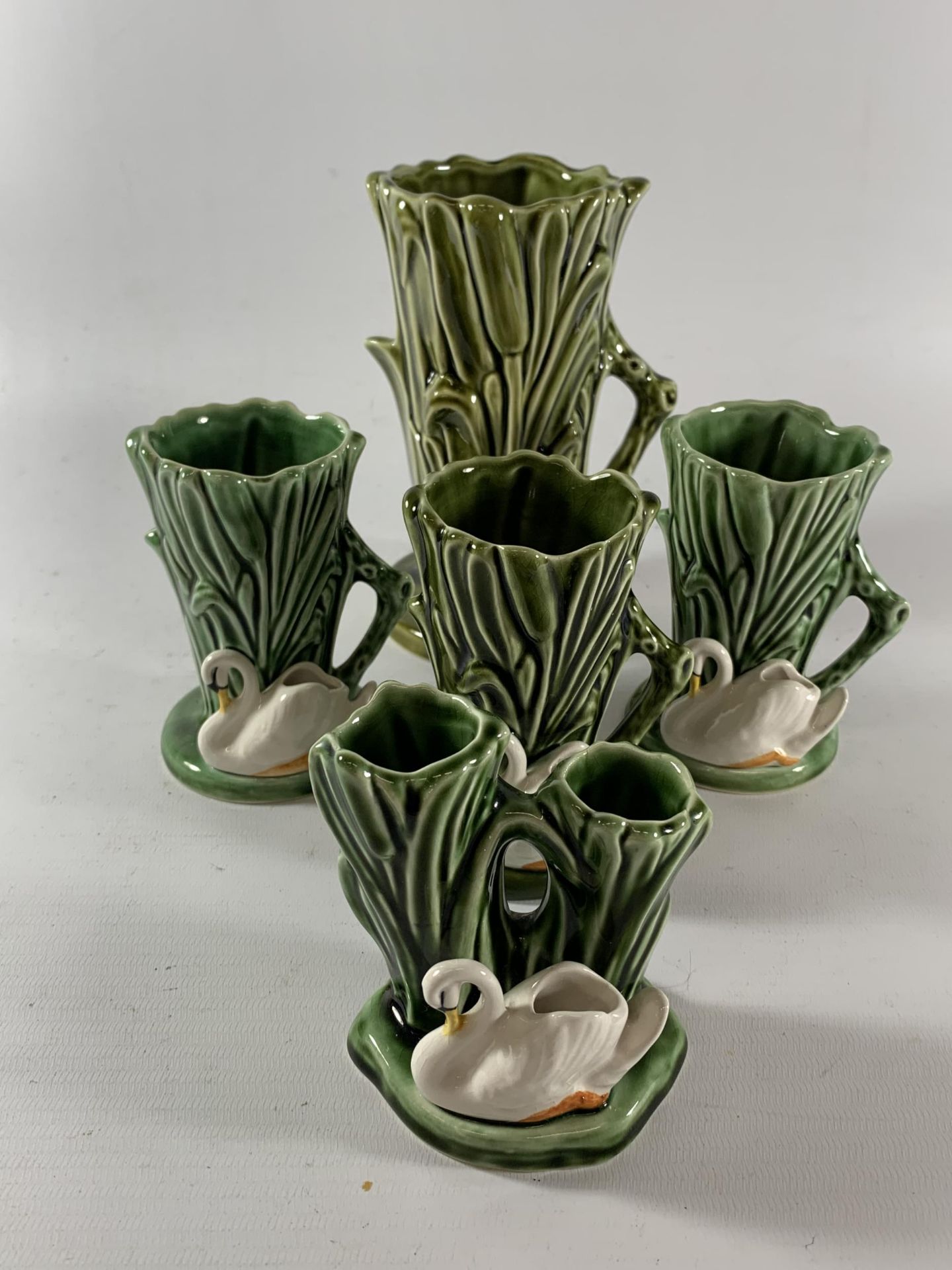 FOUR SYLVAC POTTERY SWAN SPILL VASES