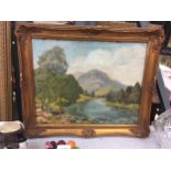 AN OIL ON CANVAS PAINTING OF A RIVER AND MOUNTAIN SCENE, FRAMED