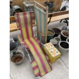 TWO RETRO FOLDING DECK CHAIRS AND A RETRO COOL BOX