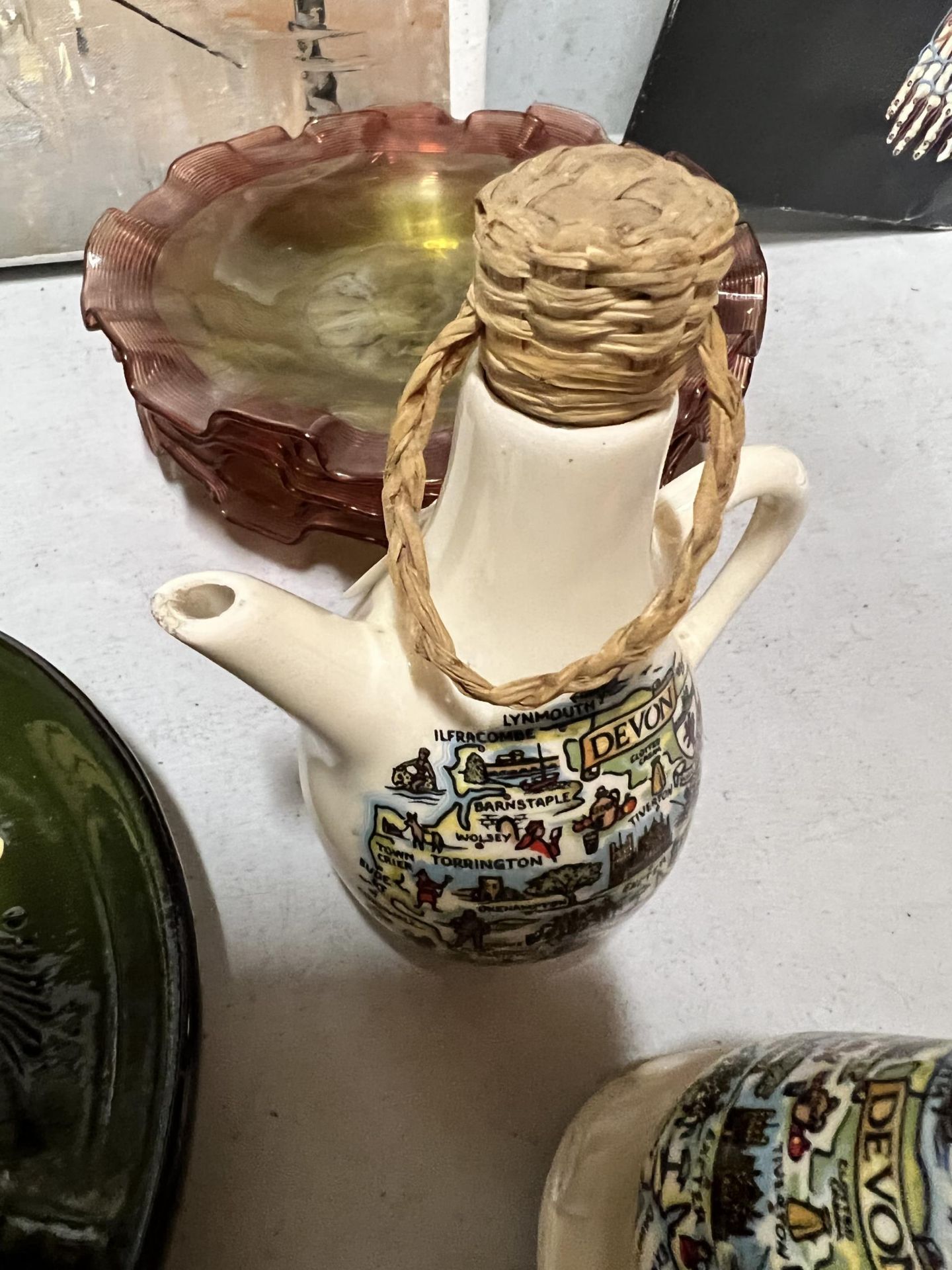 A TORQUAY WARE 'LUCKY CORNISH PIXIE' BOWL, LITTLE RED RIDING HOOD CUPS AND SAUCERS, COLOURED GLASS - Image 2 of 7