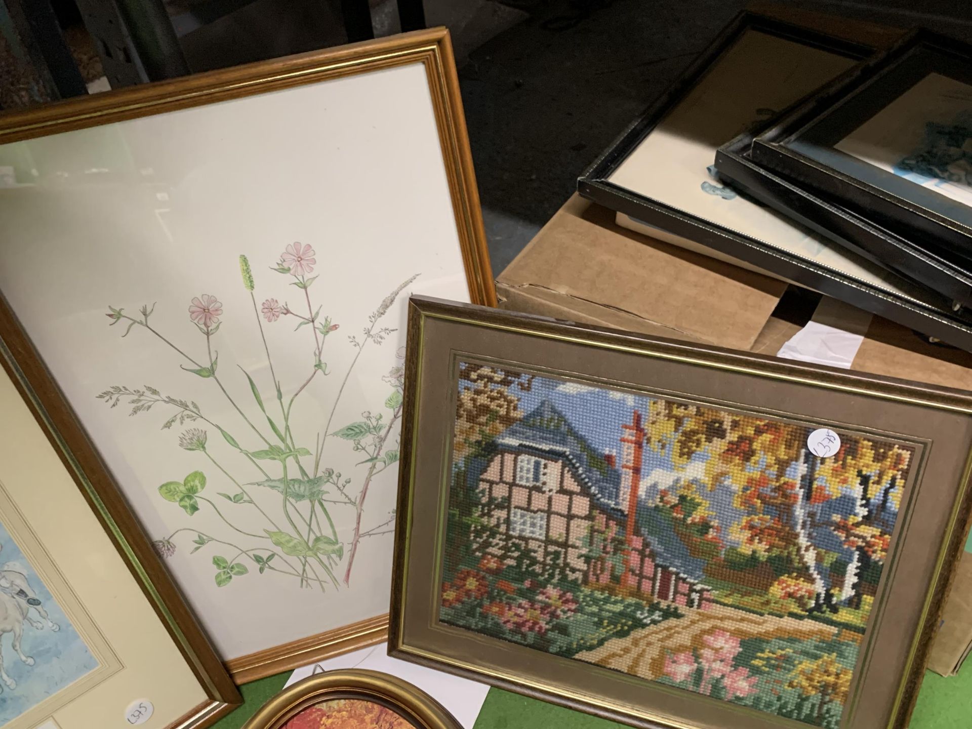 TWO FRAMED PRINTS, ONE OF A HUNT, THE OTHER FLOWERS, A TAPESTRY AND A 3-D PICTURE OF A LADY IN AN - Image 3 of 4