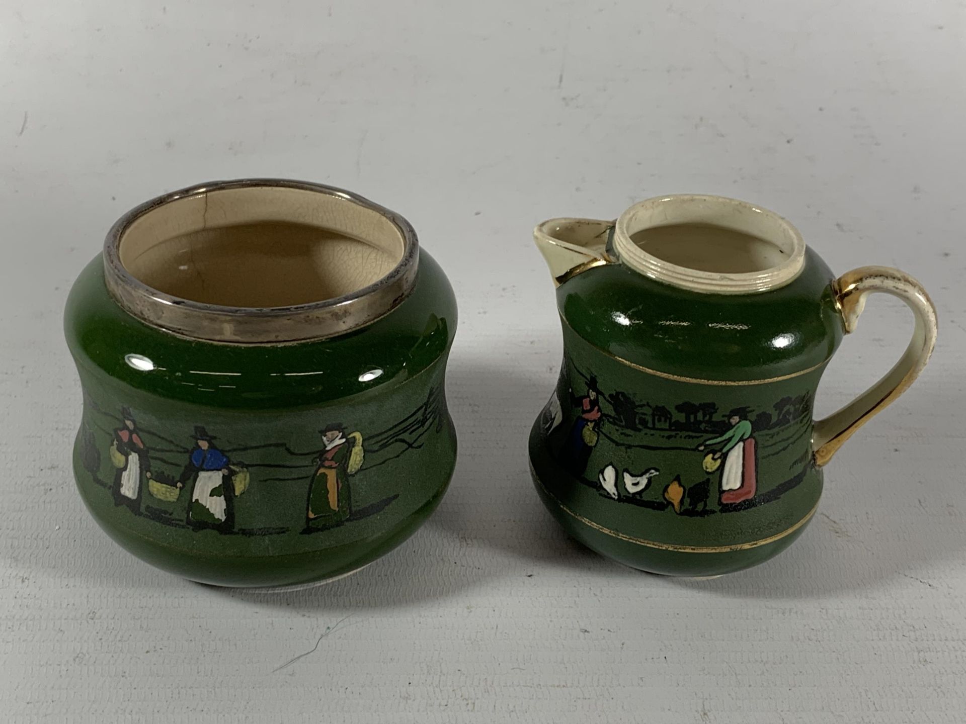 A VINTAGE T.G GREEN SUGAR BOWL AND CREAM JUG