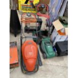 A QUALCAST ELECTRIC LAWN MOWER, A FLYMO ELECTRIC EASIGLIDE MOWER AND AN ELECTRIC HEDGE TRIMMER