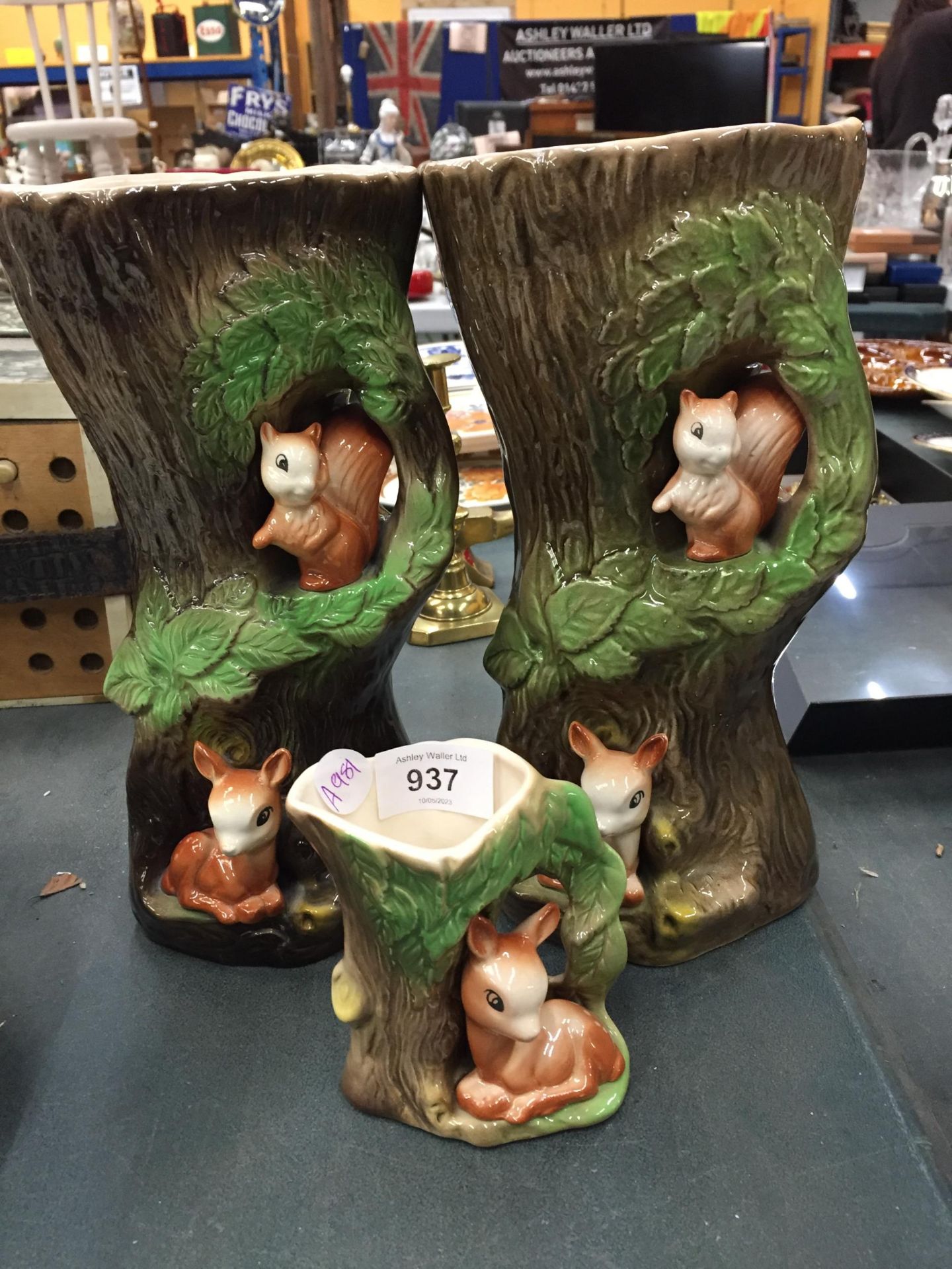 A GROUP OF THREE OTTERY FAUNA TREE VASES