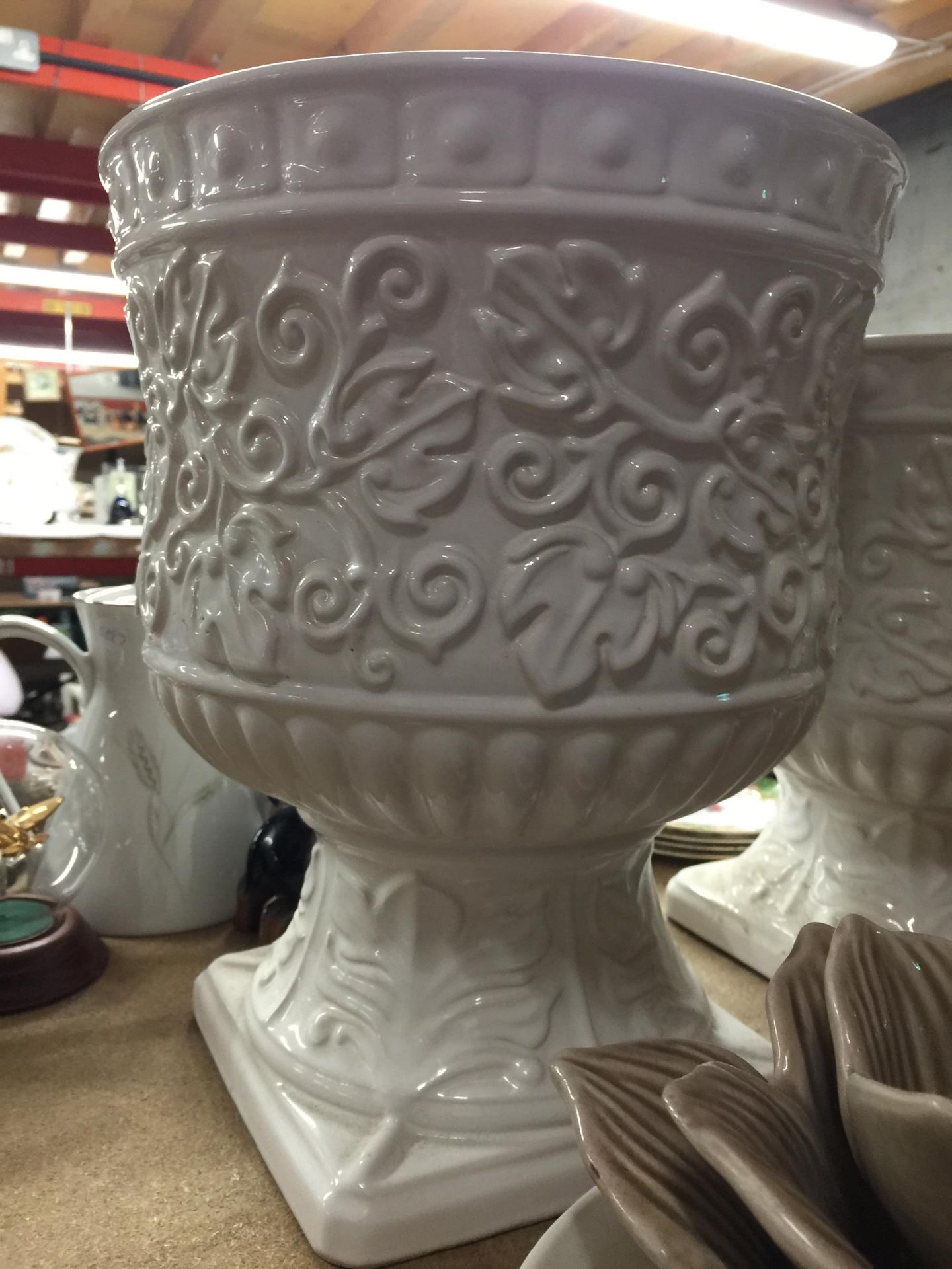 FOUR LARGE PLANTERS TO INCLUDE A TERACOTTA ONE WITH GRAPE DECORATION - Image 3 of 4