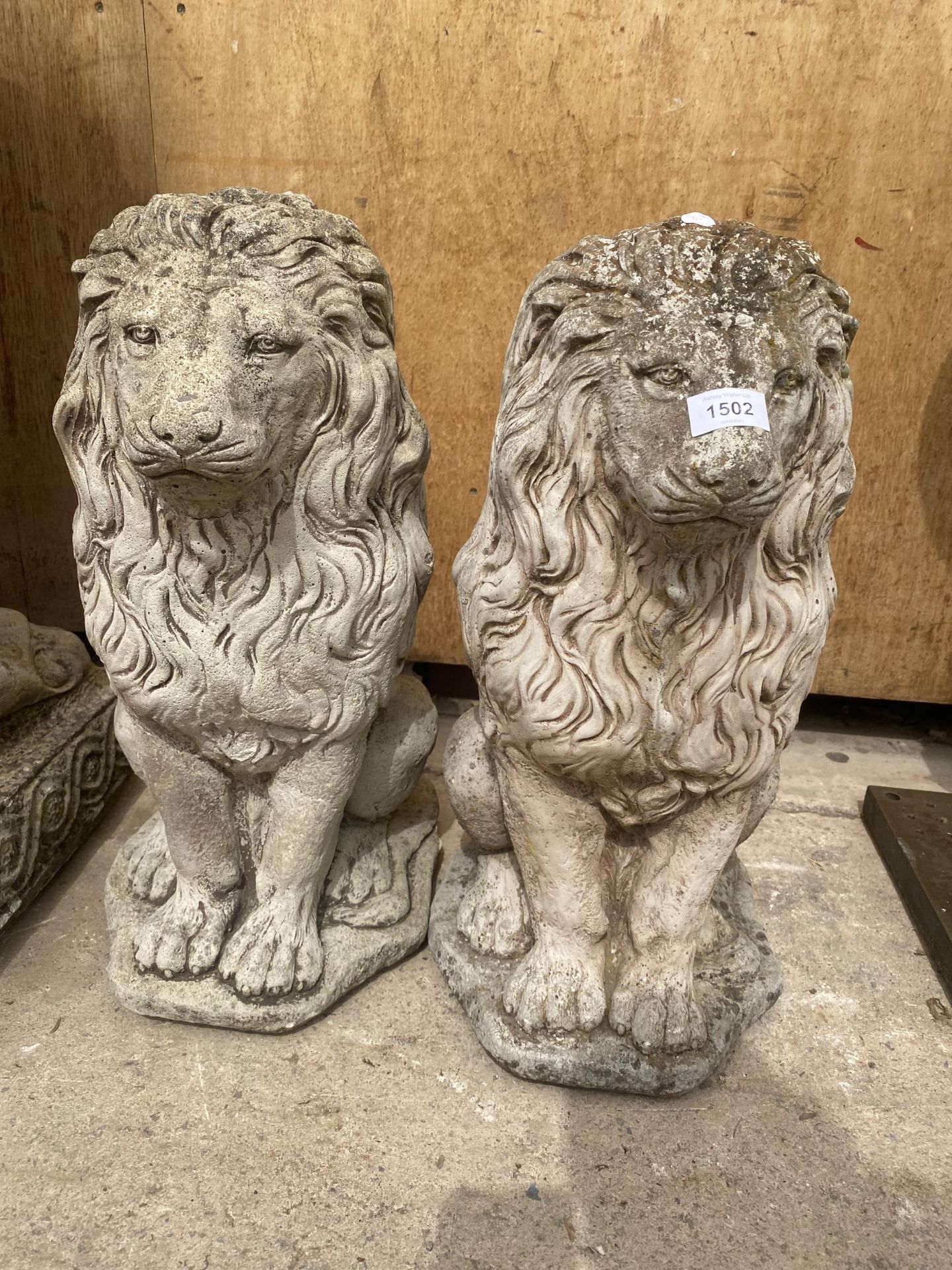 A PAIR OF RECONSTITUTED STONE SEATED LIONS (H:54CM)