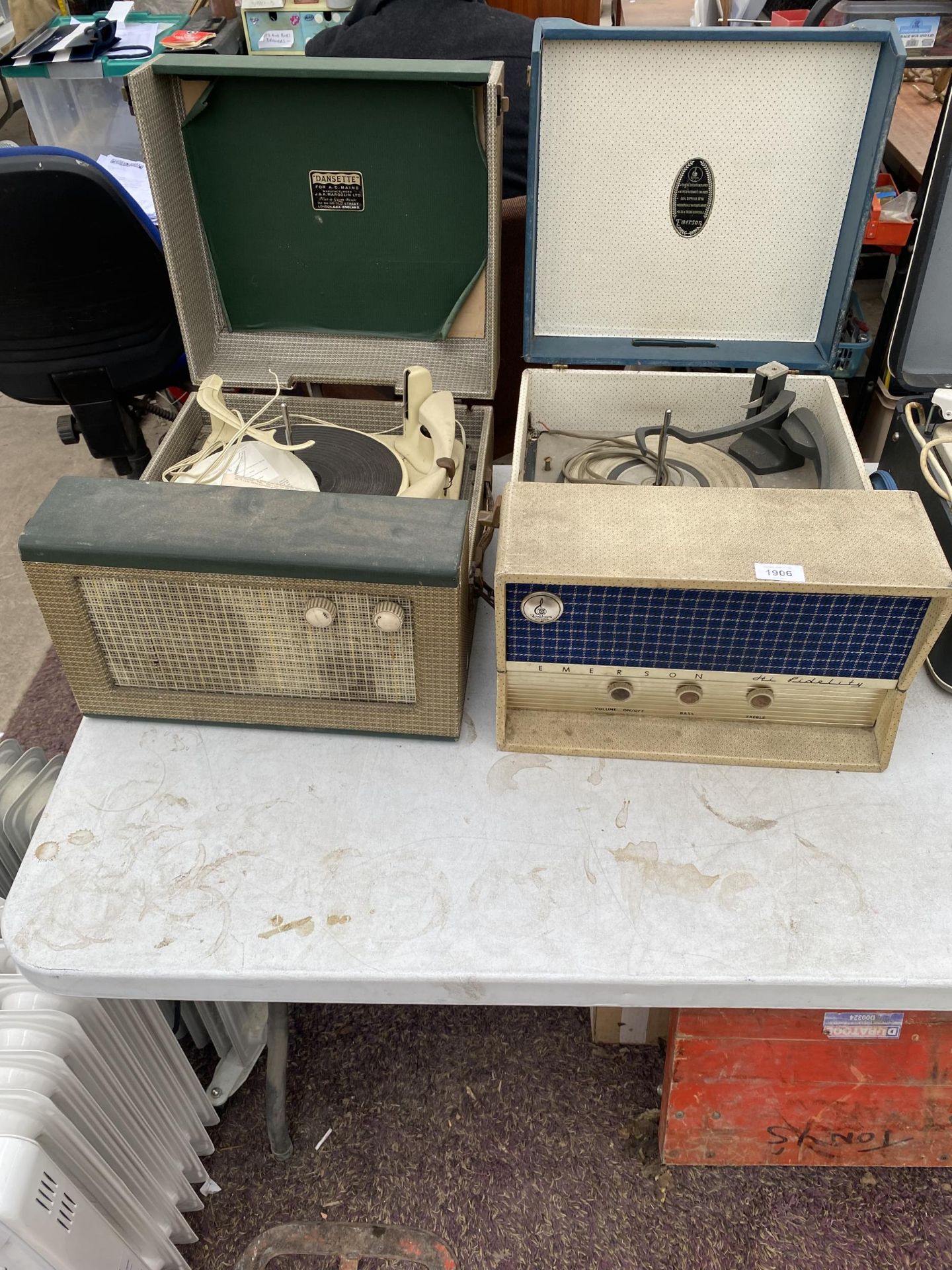TWO VINTAGE PORTABLE RECORD PLAYERS TO INCLUDE A DANSETTE AND AN EMERSON