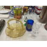 A QUANTITY OF GLASSWARE TO INCLUDE A MULTICOLOURED VASE, BASKET DISH, WINE AND SHERRY GLASSES
