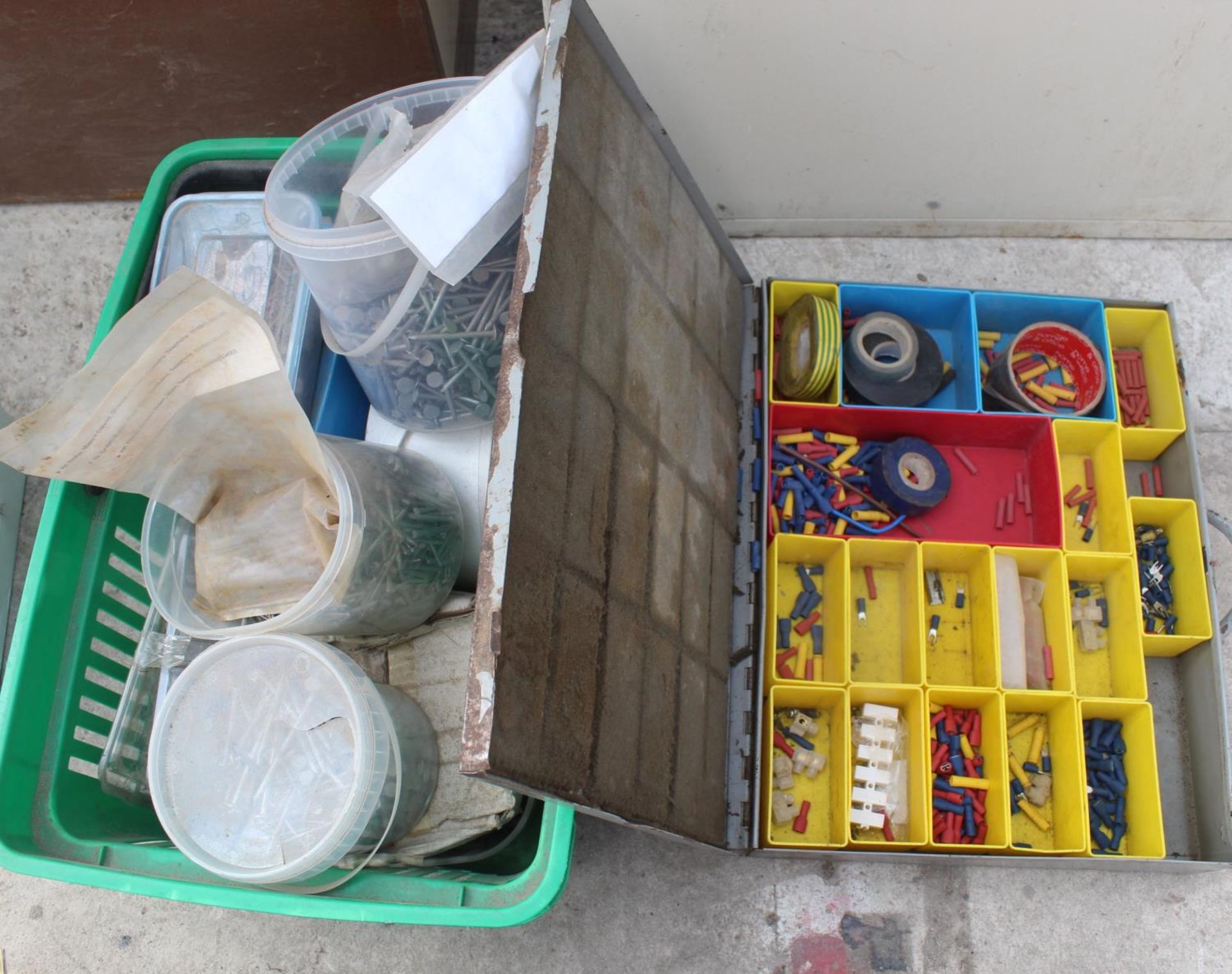 GREEN BOX OF NAILS & BOX OF ELECTRICAL ITEMS - NO VAT