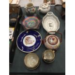 A QUANTITY OF CERAMIC ITEMS TO INCLUDE TEAPOTS, A GLASS CARNIVAL BOWL, JUG AND BOWL SET, CABINET