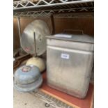 AN ASSORTMENT OF VINTAGE ITEMS TO INCLLUDE A GAS HEATER AND AN INDUSTRIAL BELL ETC