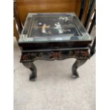 A MODERN LAMP TABLE WITH APPLIED AND PAINTED CHINOISERIE DECORATION AND GLASS TOP, 18" SQUARE