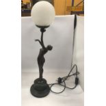 A LARGE ART DECO DESIGN BRONZE NUDE LADY LAMP BASE WITH ORB GLASS SHADE