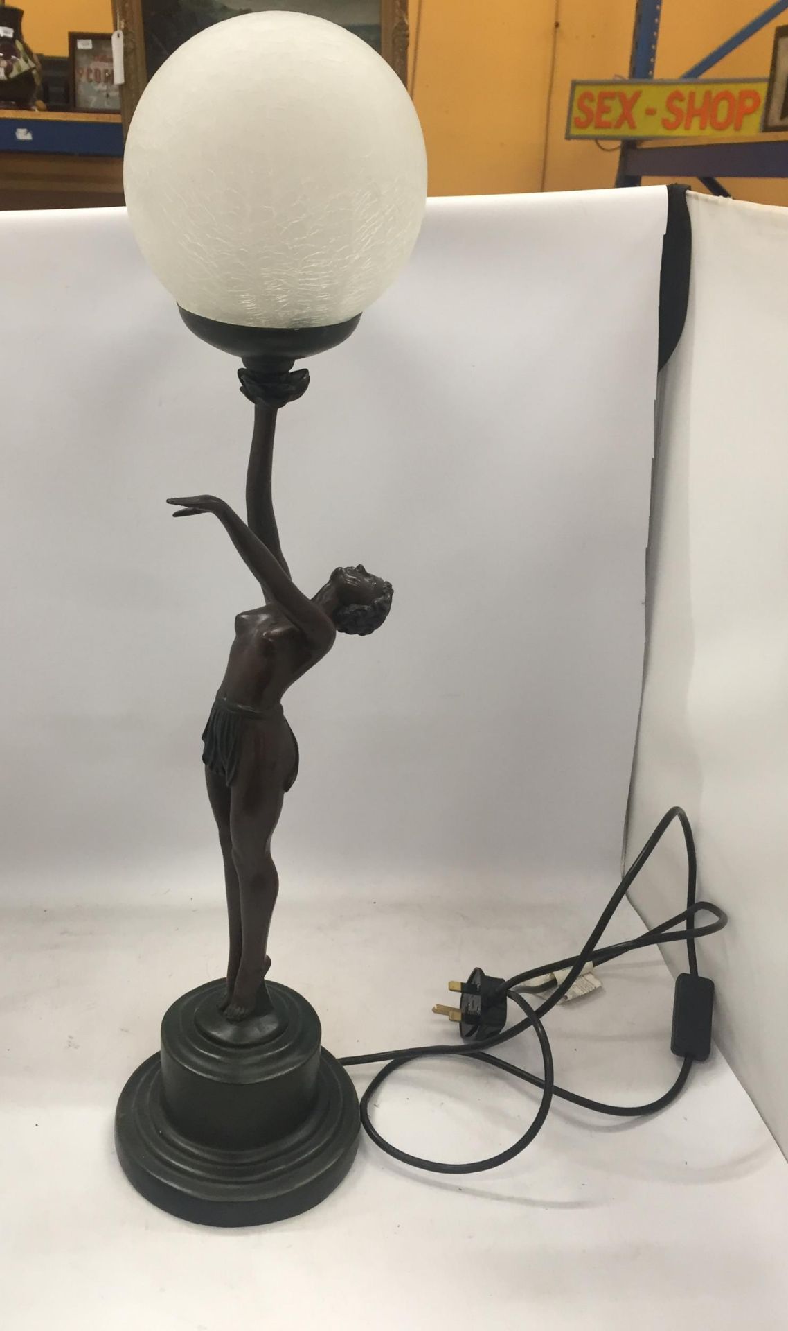 A LARGE ART DECO DESIGN BRONZE NUDE LADY LAMP BASE WITH ORB GLASS SHADE