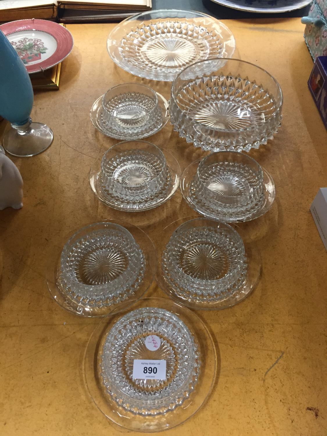 A LARGE GLASS BOWL, DESSERT DISHES WITH SAUCERS AND PLATE