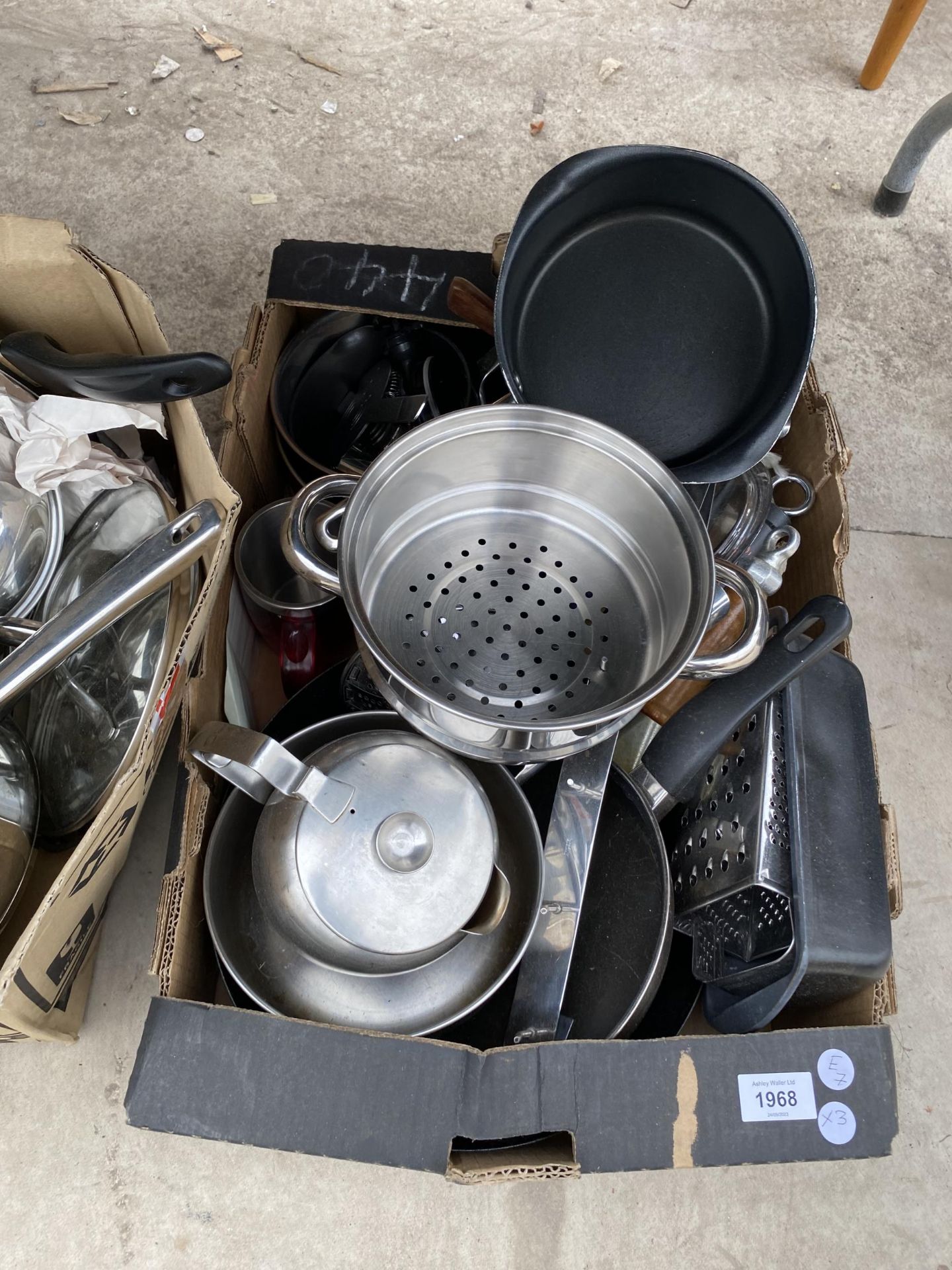 THREE BOXES OF ASSORTED KITCHEN POTS AND PANS - Image 2 of 4