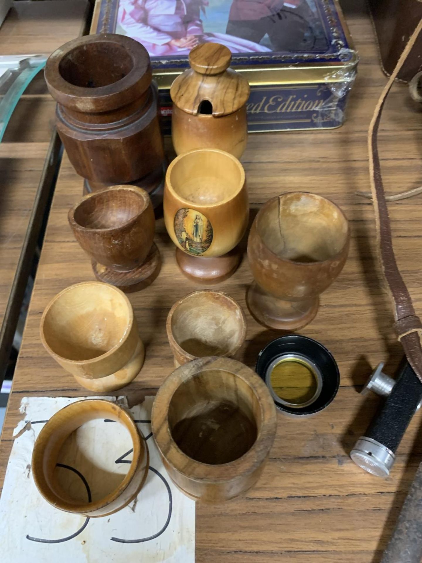A GROUP OF WOODEN CUPS, VINTAGE CASED CAMERA ETC - Image 3 of 3
