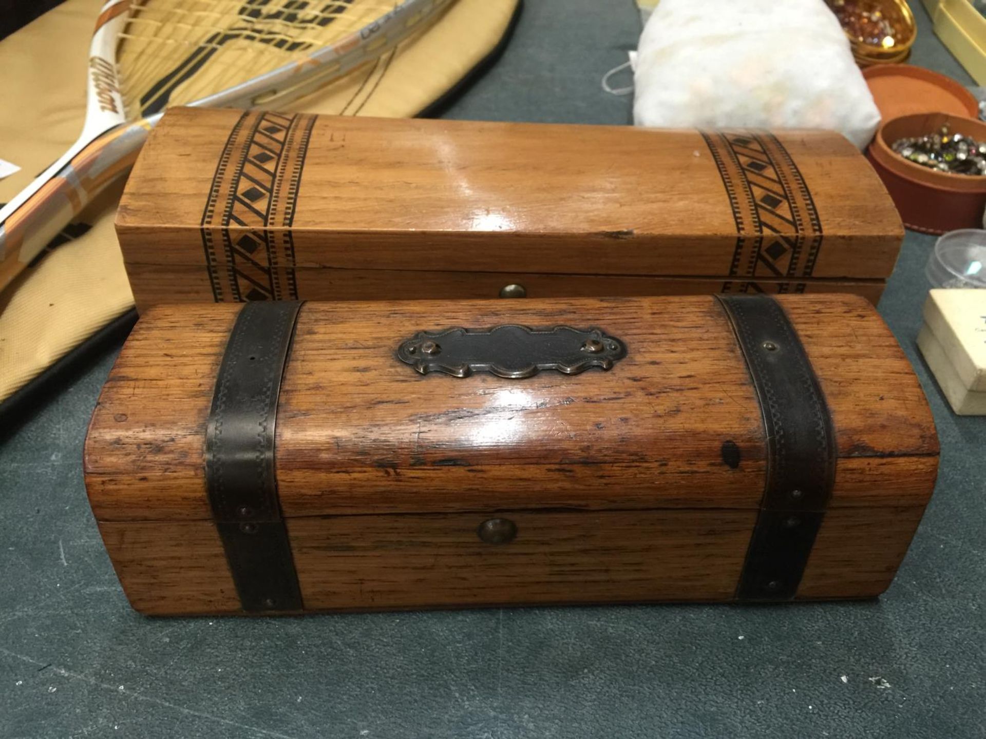 TWO VINTAGE WOODEN GLOVE BOXES - ONE INLAID AND ONE METAL BOUND