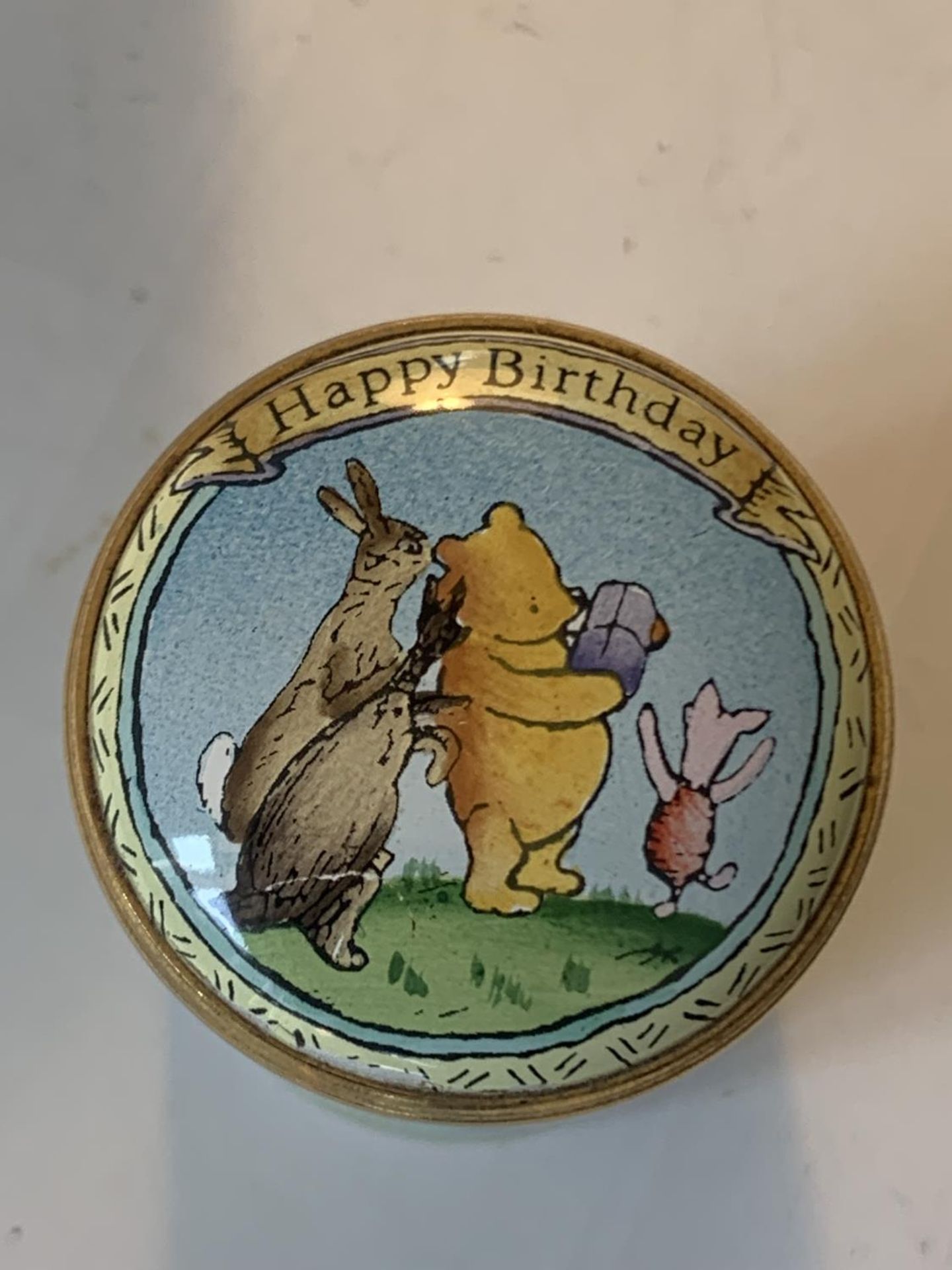 A HAND PAINTED ENAMEL POT DEPICTING POOH BEAR AND A GOLD PLATED PERFUME BOTTLE - Image 2 of 4
