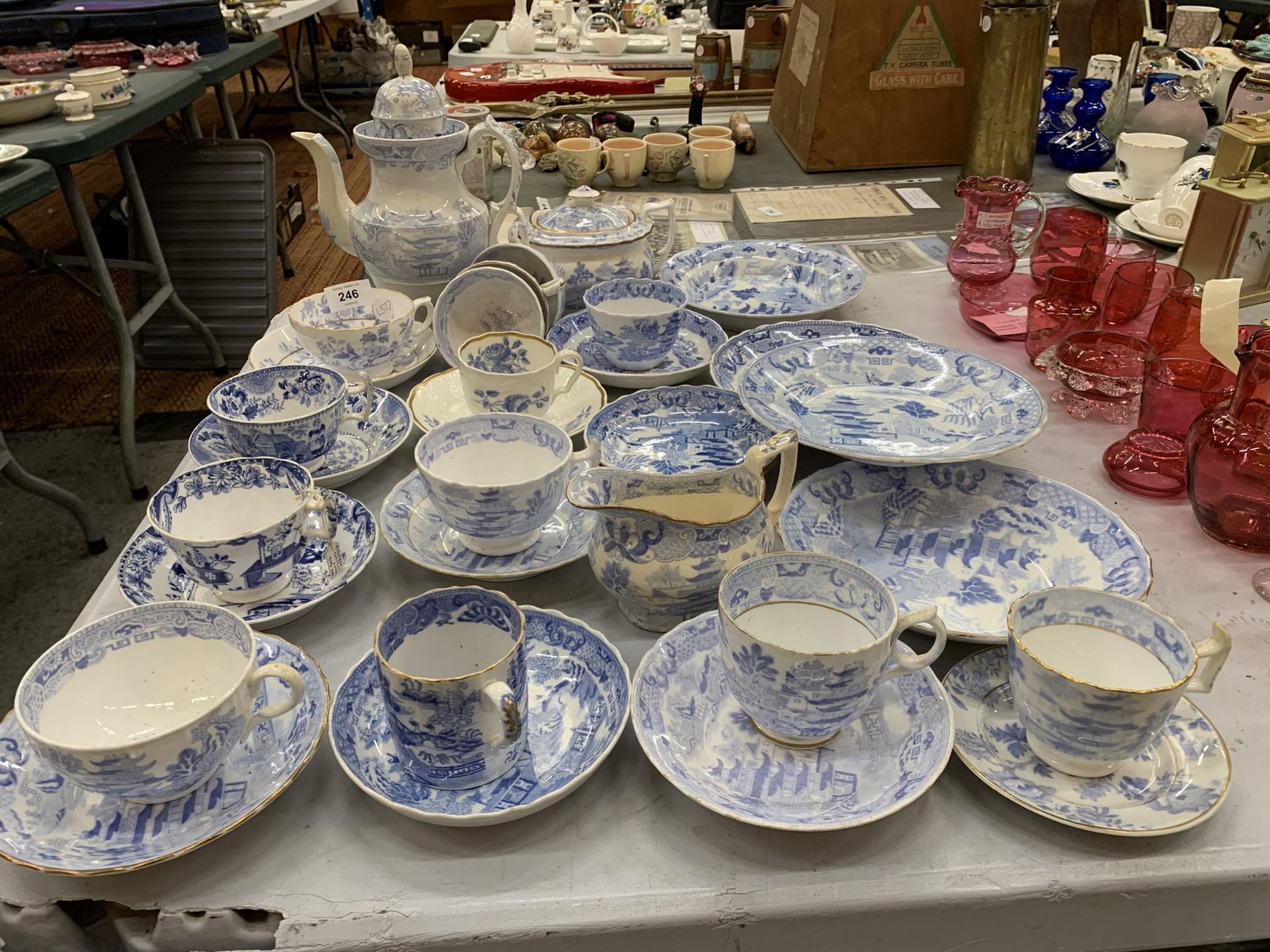 A LARGE COLLECTION OF 19TH CENTURY BLUE AND WHITE TEA WARES, TEAPOT, CUPS, SAUCERS ETC