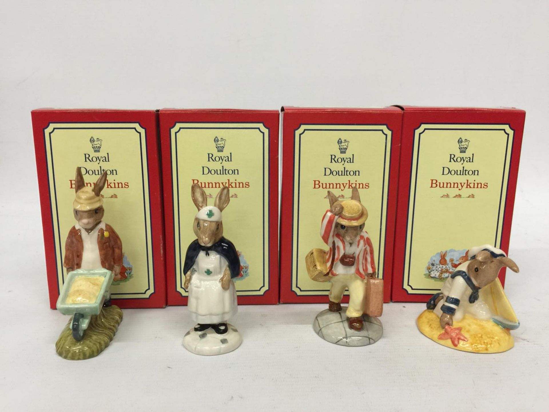 FOUR BOXED ROYAL DOULTON BUNNYKINS FIGURES TO INCLUDE GARDENER BUNNYKINS, NURSE BUNNYKINS, FATHER