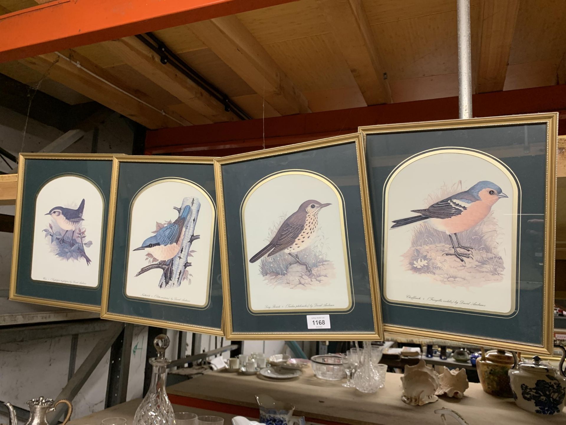 FOUR FRAMED PRINTS OF GARDEN BIRDS TO INCLUDE A SONG THRUSH, CHAFFINCH, NUTHATCH AND WREN