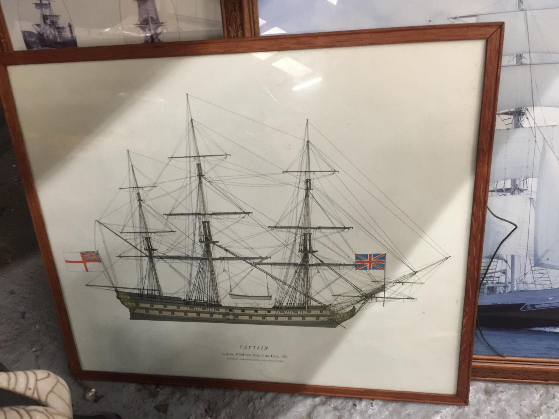 A QUANTITY OF FRAMED PRINTS AND PHOTOGRAPHS OF SHIPS AND CARS - Image 3 of 5