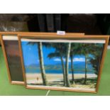 TWO FRAMED PRINTS, ONE OF SUNSET OVER THE GREAT BARRIER REEF, THE OTHER FOUR MILE BEACH, PORT