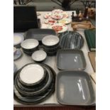 A LARGE QUANTITY OF DENBY 'JET STRIPES' DINNER WARE TO INCLUDE VARIOUS SIZES OF PLATES, BOWLS,