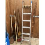 A SET OF STEP LADDERS AND ASSORTED GARDEN TOOLS ETC