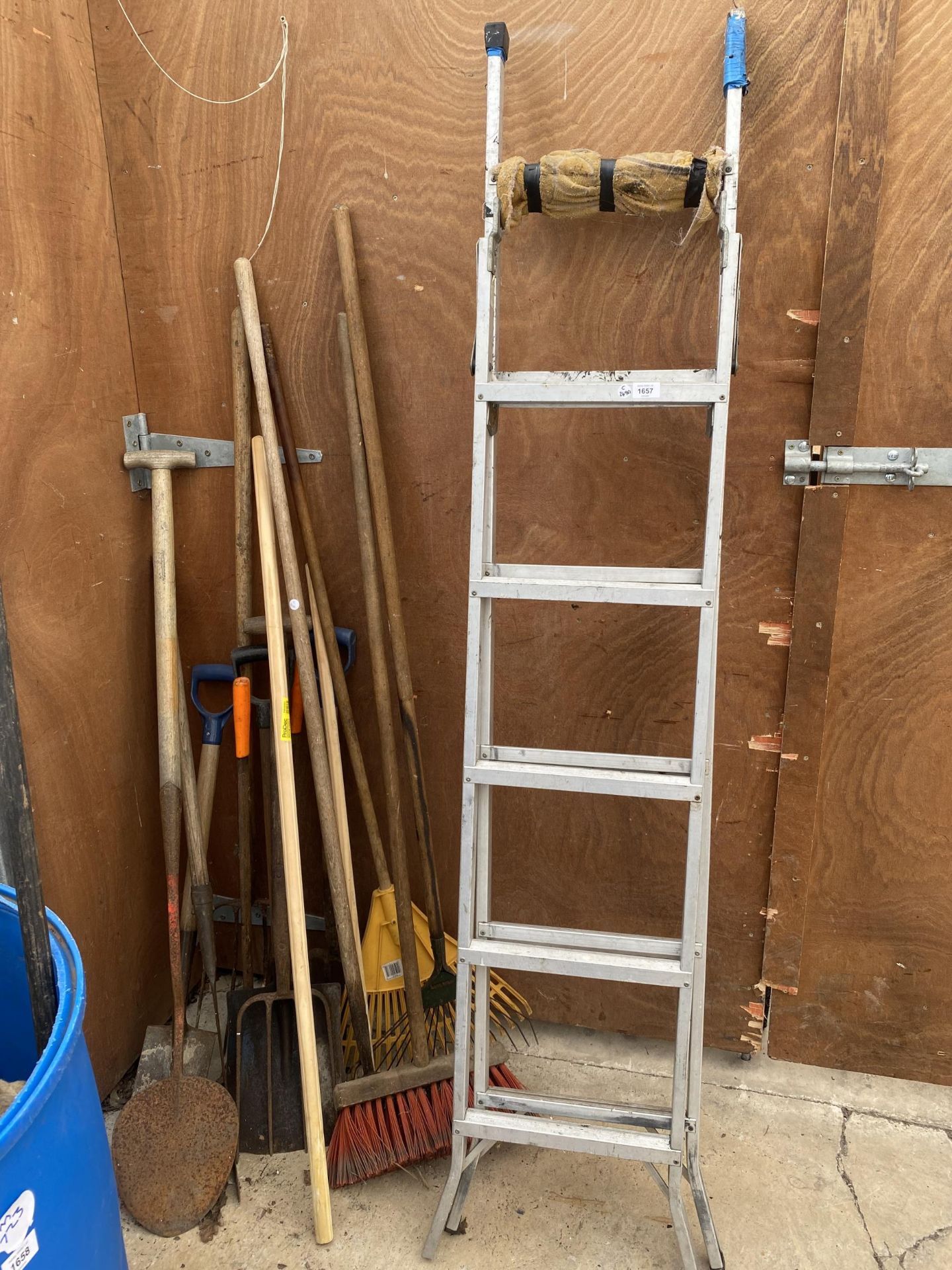 A SET OF STEP LADDERS AND ASSORTED GARDEN TOOLS ETC