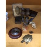A MIXED LOT TO INCLUDE A BRASS TURTLE TRINKET, BAROMETER, PICTURE FRAME, ETC.,
