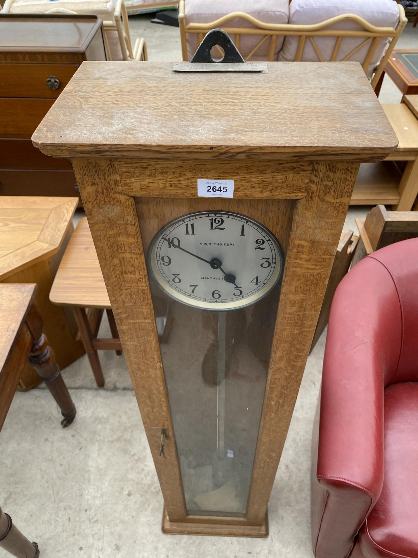 AN OAK CASED INDUSTRIAL LONG CASE CLOCK - C W S ENG DEPT, MANCHESTER