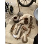 A COLLECTION OF VINTAGE ITEMS, CAST KETTLE, CHAIN AND HOOK ETC