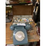 A VINTAGE DIAL UP TELEPHONE AND ARTISTS PAINT BOX