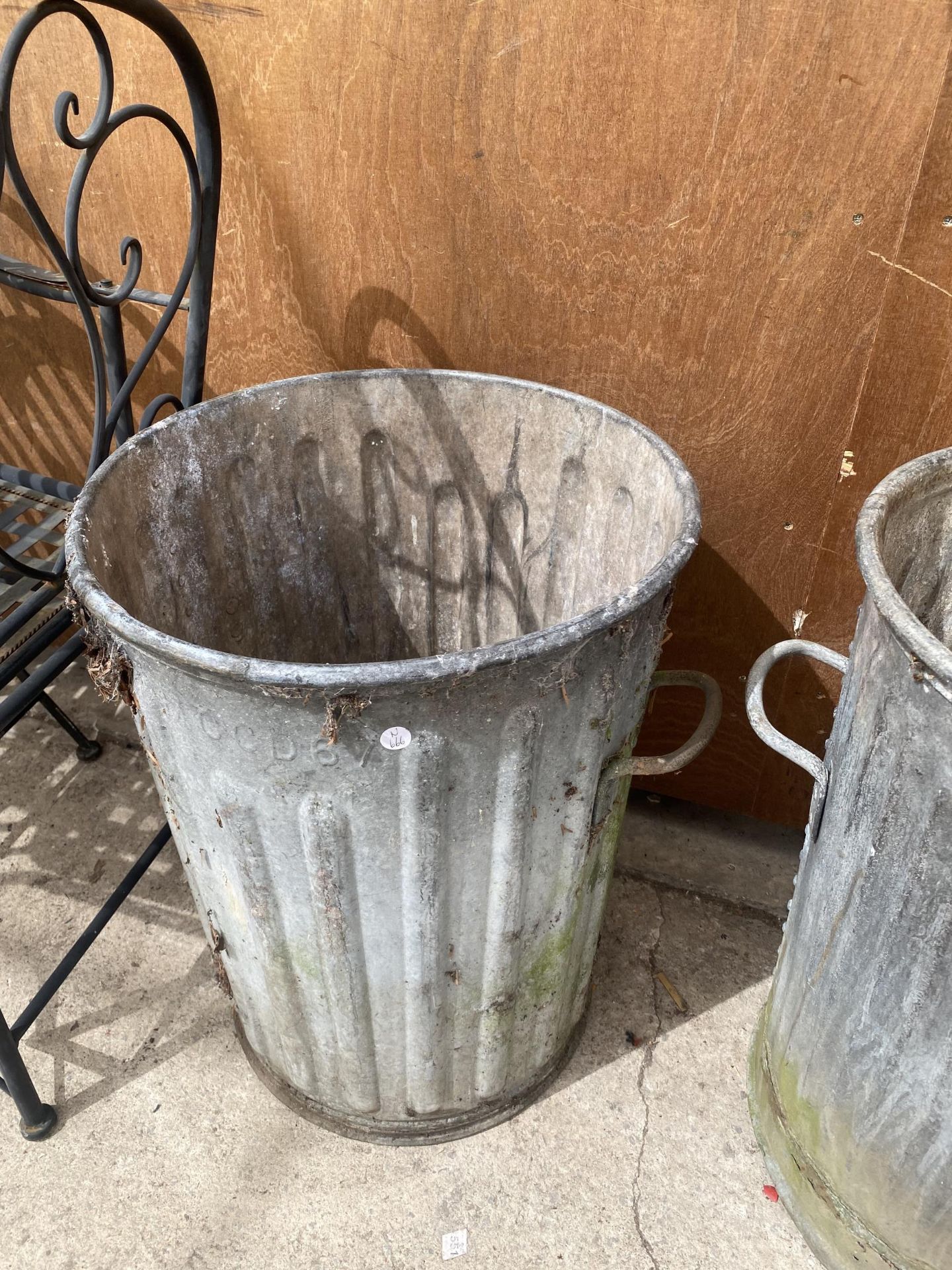TWO VINTAGE HEAVY GALVANISED DUSTBIN PLANTERS - Image 3 of 4