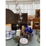 A MIXED LOT OF ITEMS, DECORATIVE CANDLE STAND, JUGS, PEWTER TANKARD ETC