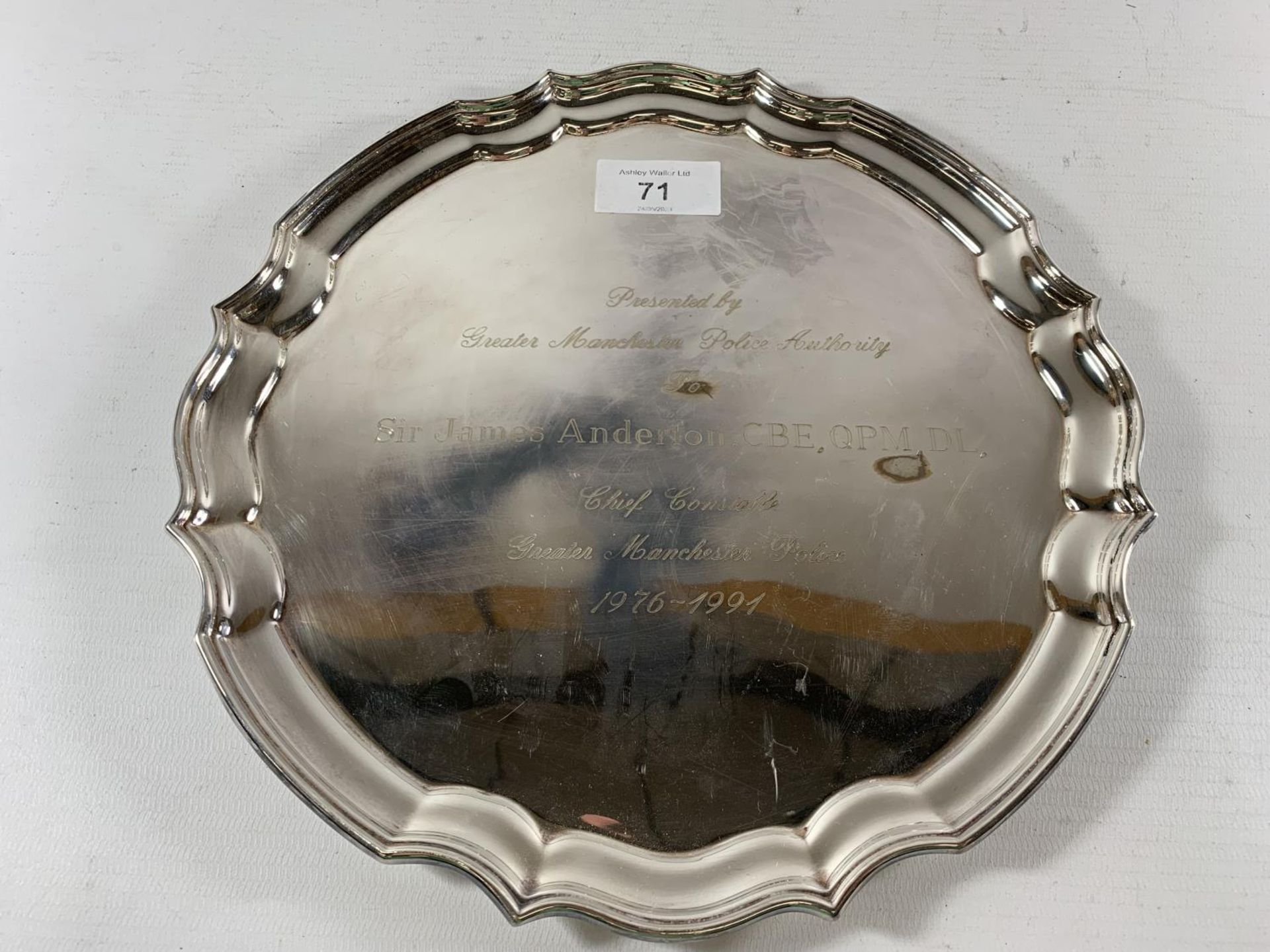 * A HALLMARKED SILVER PRESENTATION TRAY, PRESENTED BY GREATER MANCHESTER POLICE AUTHORITY 1991, - Image 2 of 2