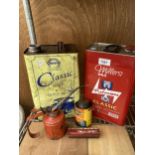 AN ASSORTMENT OF VINTAGE OIL CANS AND DRUMS TO INCLUDE MILLERS AND COMMA ETC