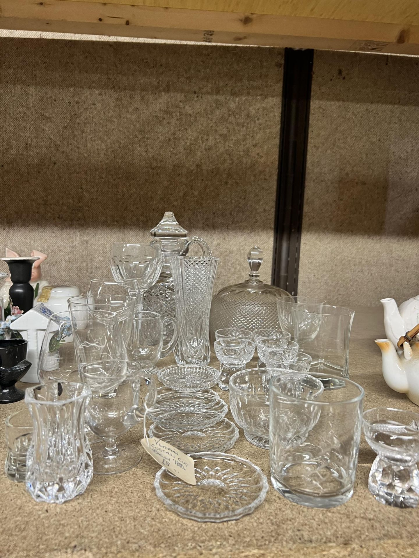 A QUANTITY OF GLASSWARE TO INCLUDE A BLOWN VICTORIAN CUSTARD CUP, DECANTER, LOWBALL GLASSES, ETC.,