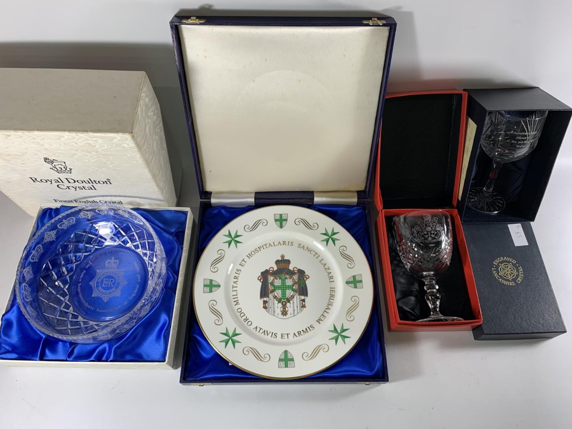 * A COLLECTION OF FOUR BOXED PRESENTATION ITEMS, GLASS BOWL FROM THE SUPERINTENDANT ASSOCIATION,