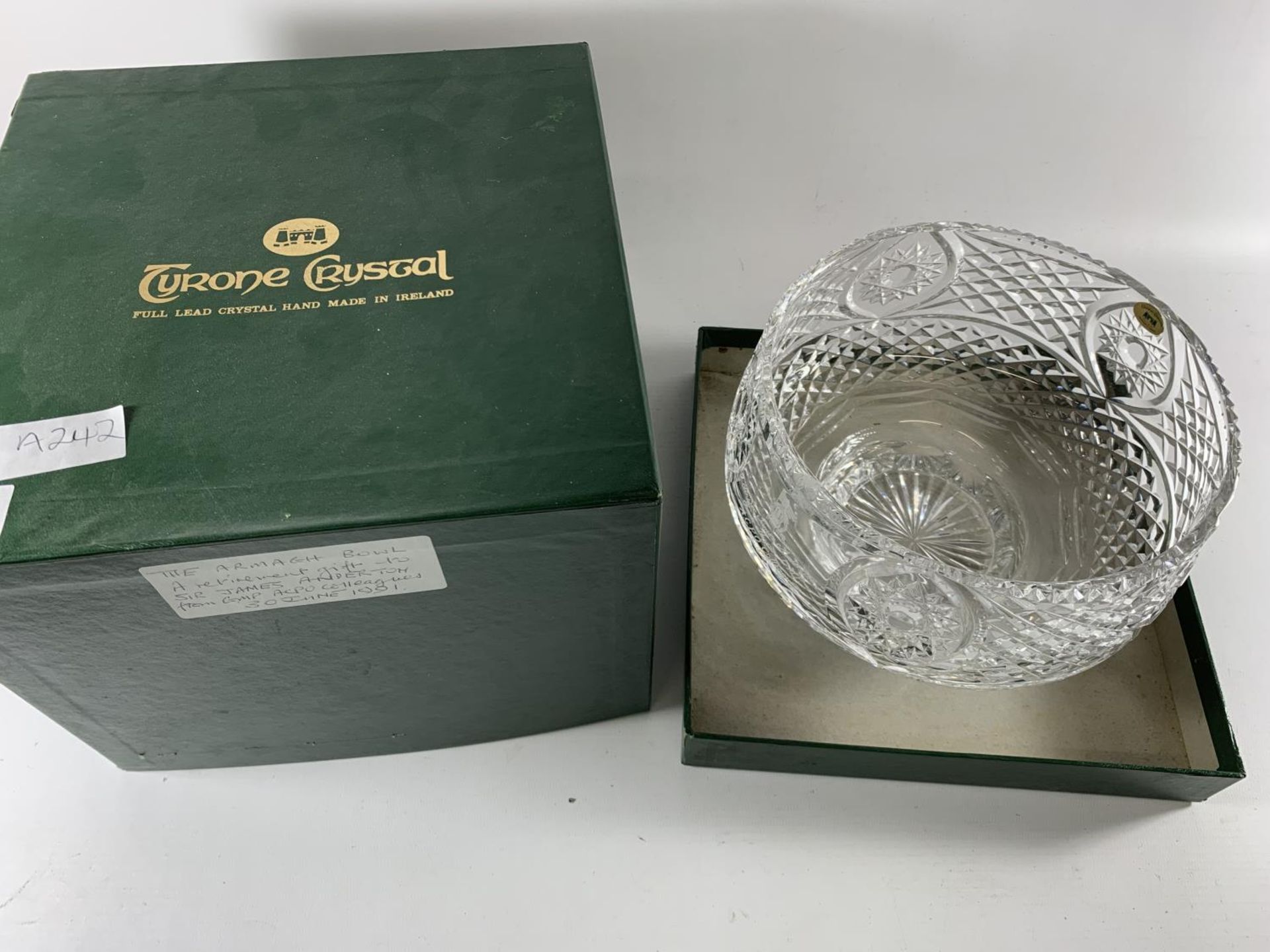 * BOXED TYRONE CRYSTAL 'ARMAGH BOWL' 22CM DIAMETER, HEIGHT 14CM, WITH INSCRIPTION TO SIR JAMES - Image 2 of 9