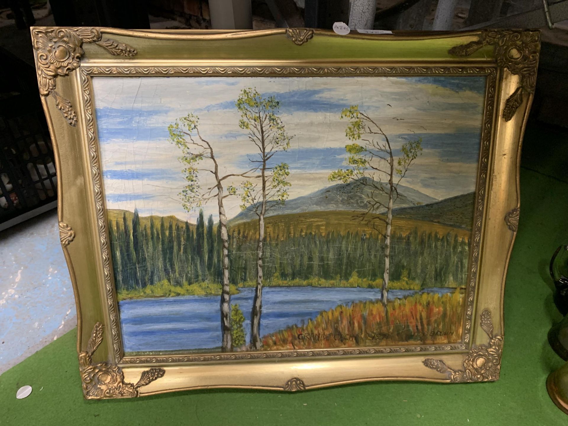 A LARGE GILT FRAMED OIL PAINTING OF A LAKE SCENE, SIGNED BROWN AND FURTHER CLASSICAL PRINT - Image 2 of 5